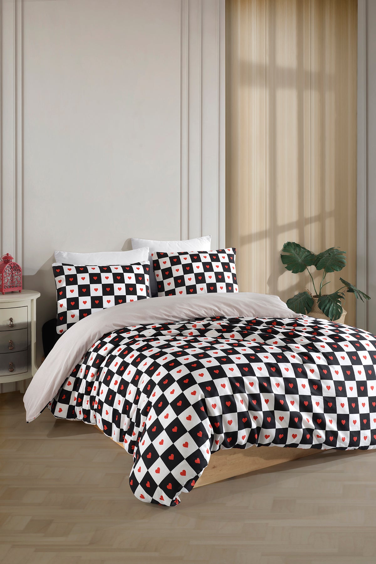 Çift Kişilik Lastikli Çarşaflı Nevresim Takımı |Dama Desen