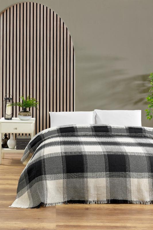 Çift Kişilik Pike Ekose Siyah Hotiç