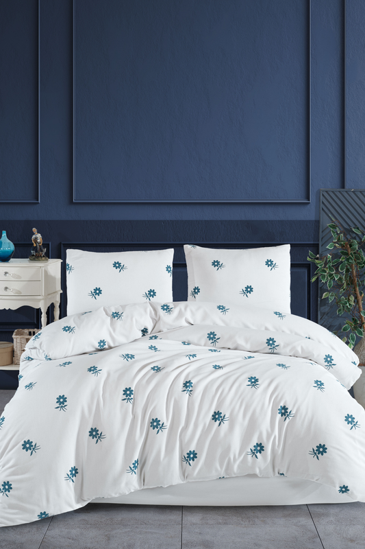 Lastikli Çarşaflı Nevresim Takımı | Çiçek Desen Beyaz