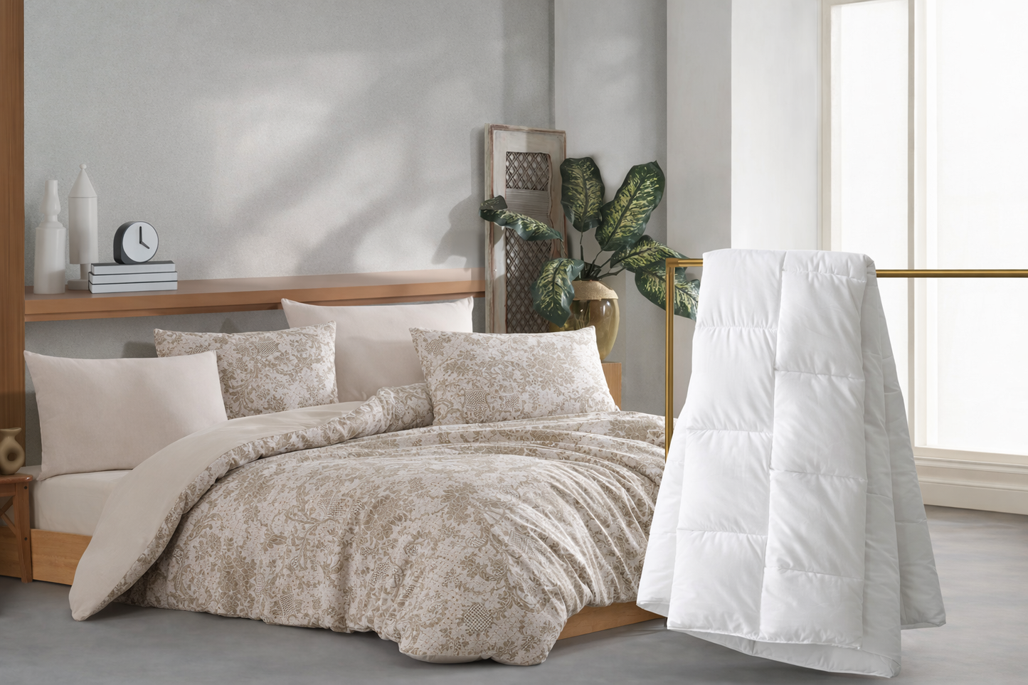 Nevresim Takımı + Yorgan Seti | Bej Desen Model + Micro Yorgan