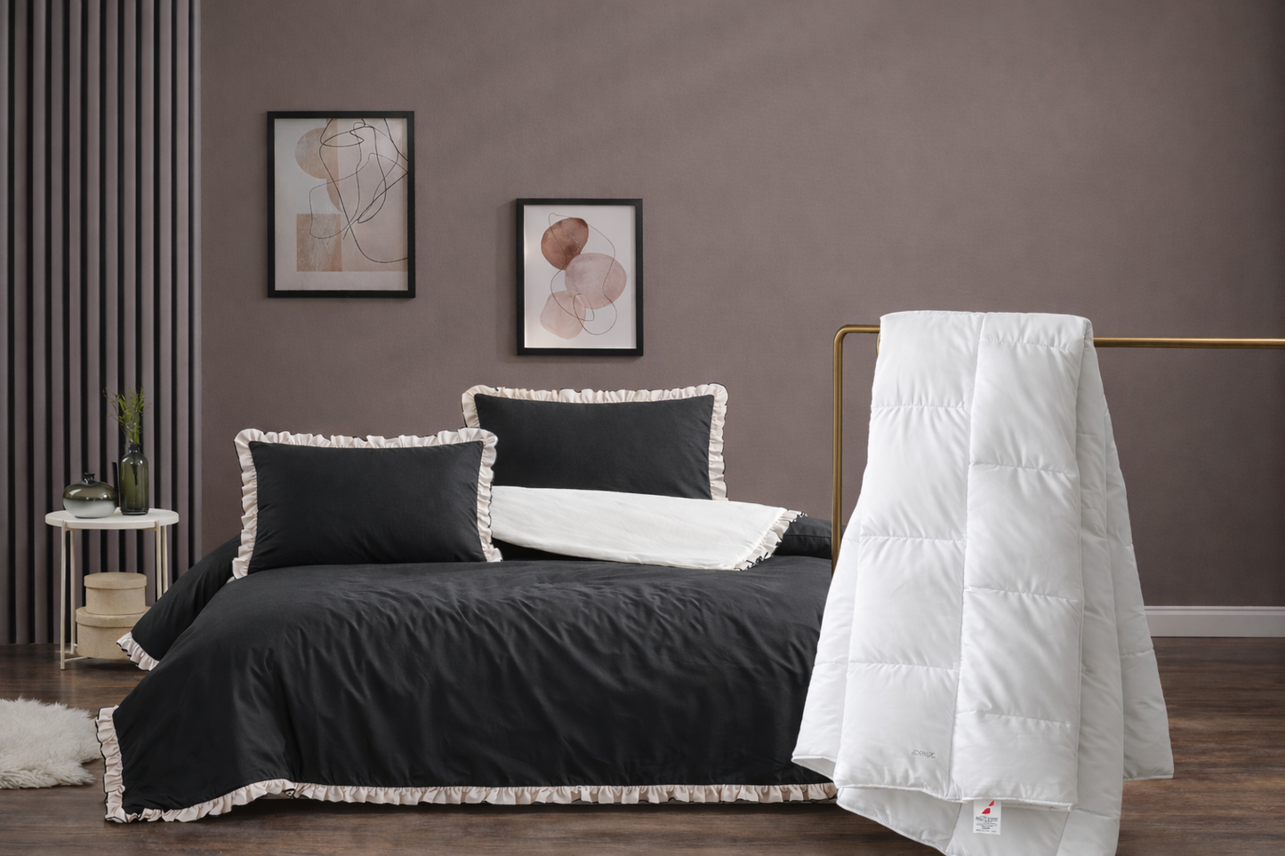 Nevresim Takımı + Yorgan Seti |Fırfırlı Siyah Bej Model + Micro Yorgan