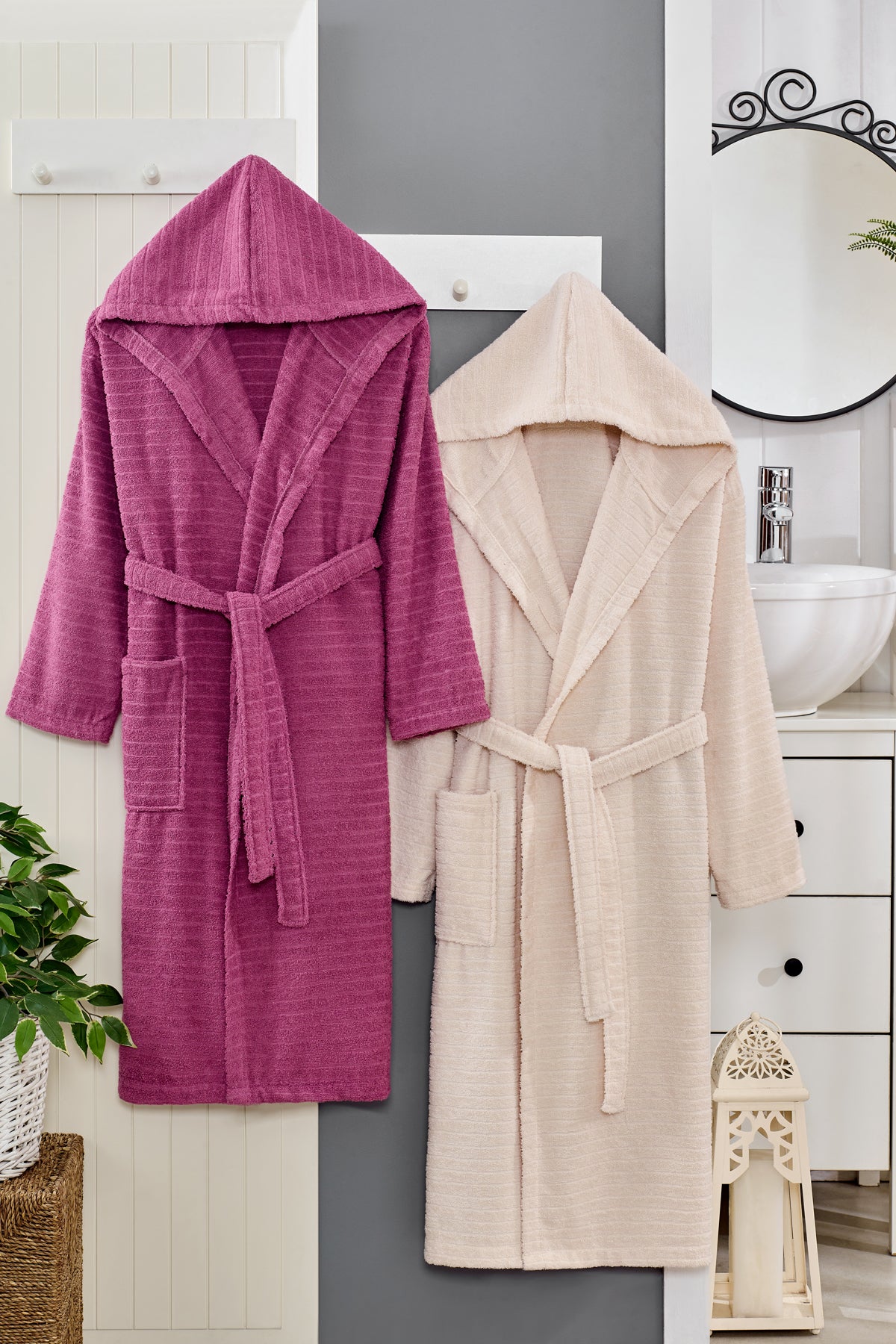 Kapüşonlu Pamuklu 2 Adet Bornoz Mürdüm/Bej