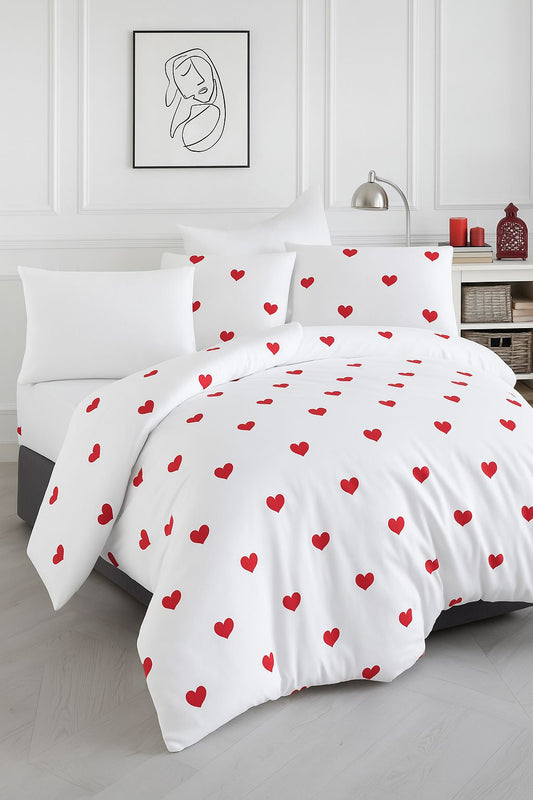 Tek Kişilik Lastikli Çarşaflı Nevresim Takımı | Kırmızı Kalp Tam Takım