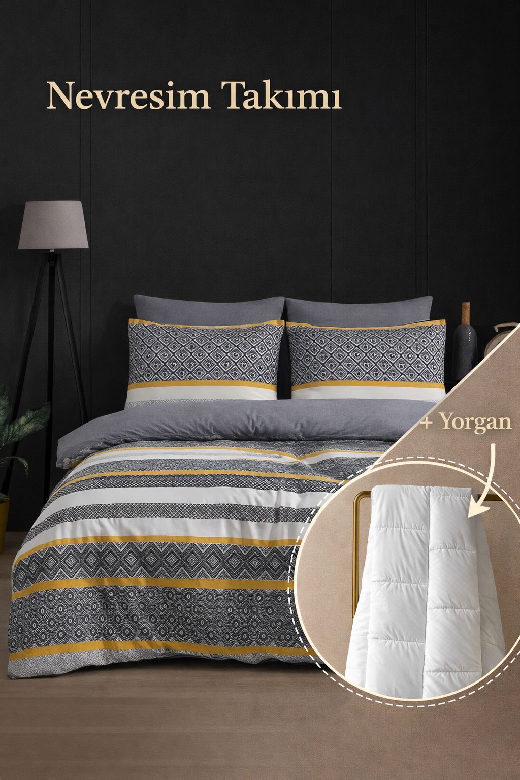 Çift Kişilik Nevresim Takımı Ve Yorgan Seti | Sarı Detay Yorgan Seti