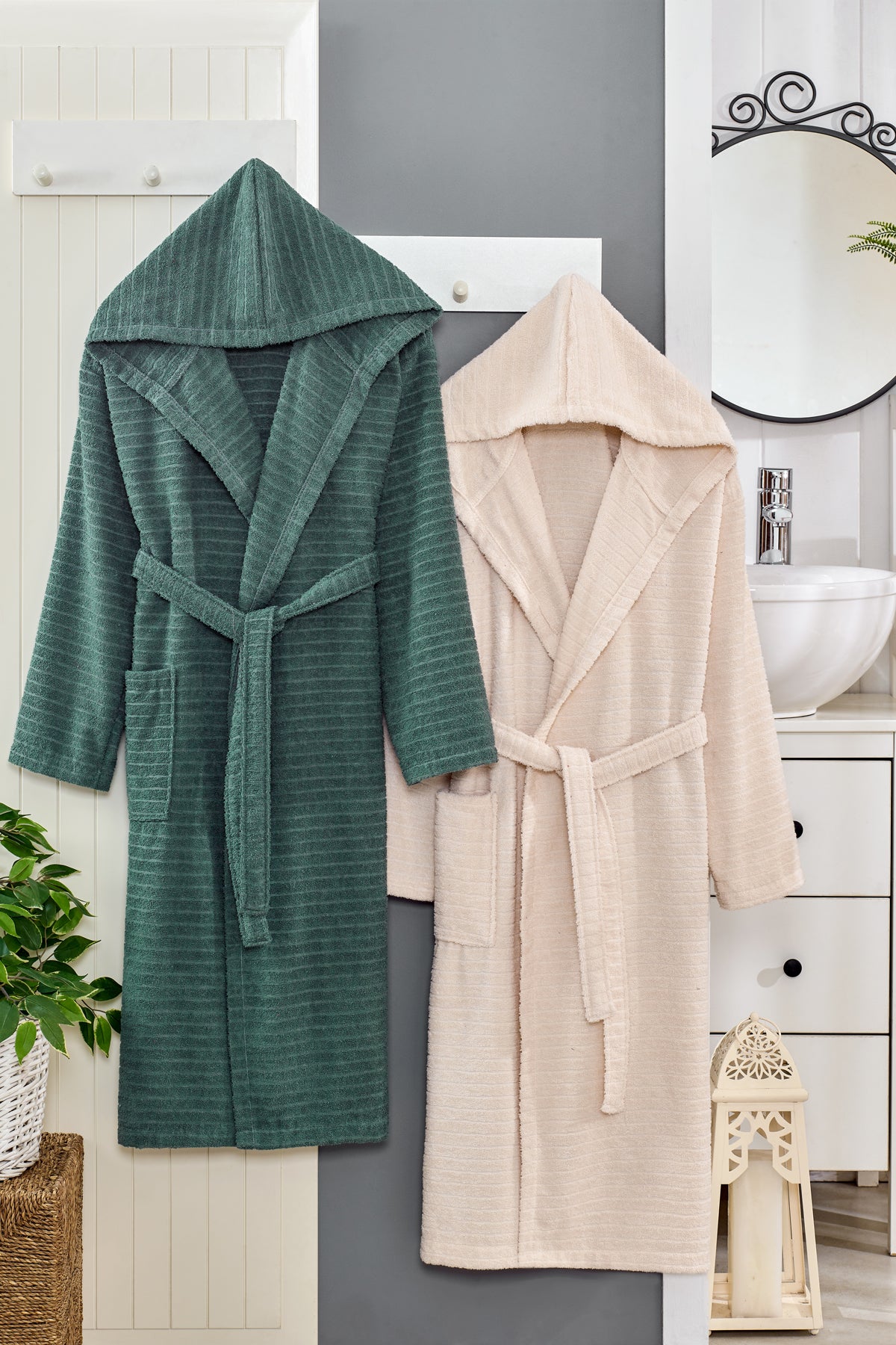 Kapüşonlu Pamuklu 2 Adet Bornoz Yeşil/Bej