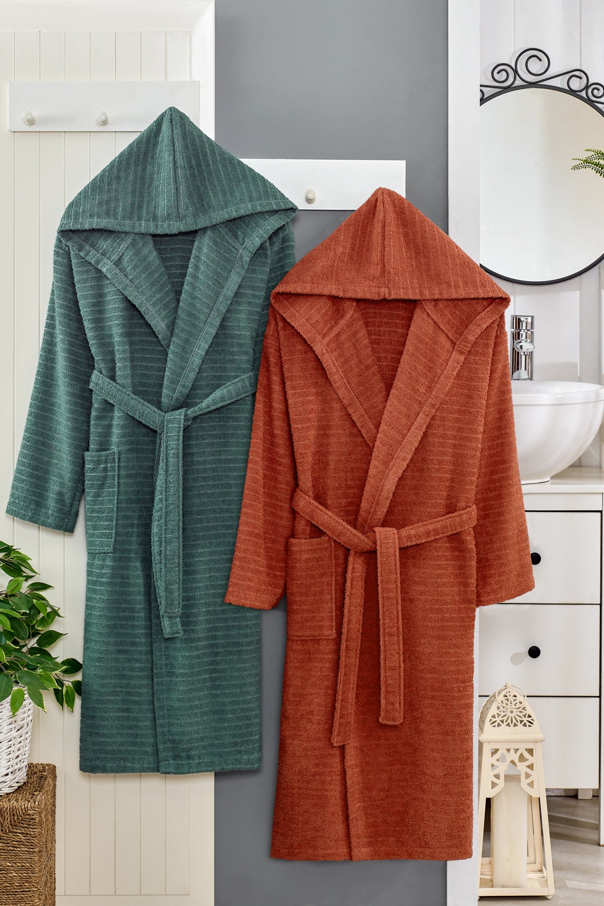 Kapüşonlu Pamuklu 2 Adet Bornoz Yeşil / Kiremit