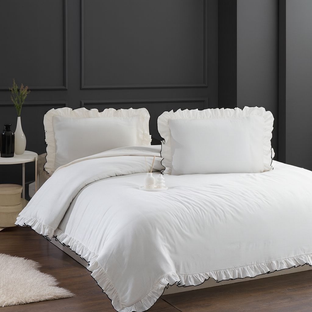 Çift Kişilik Lüx Fırfırlı Nevresim Seti | Nevresim Ve Yastık Kılıfı | Full Bej