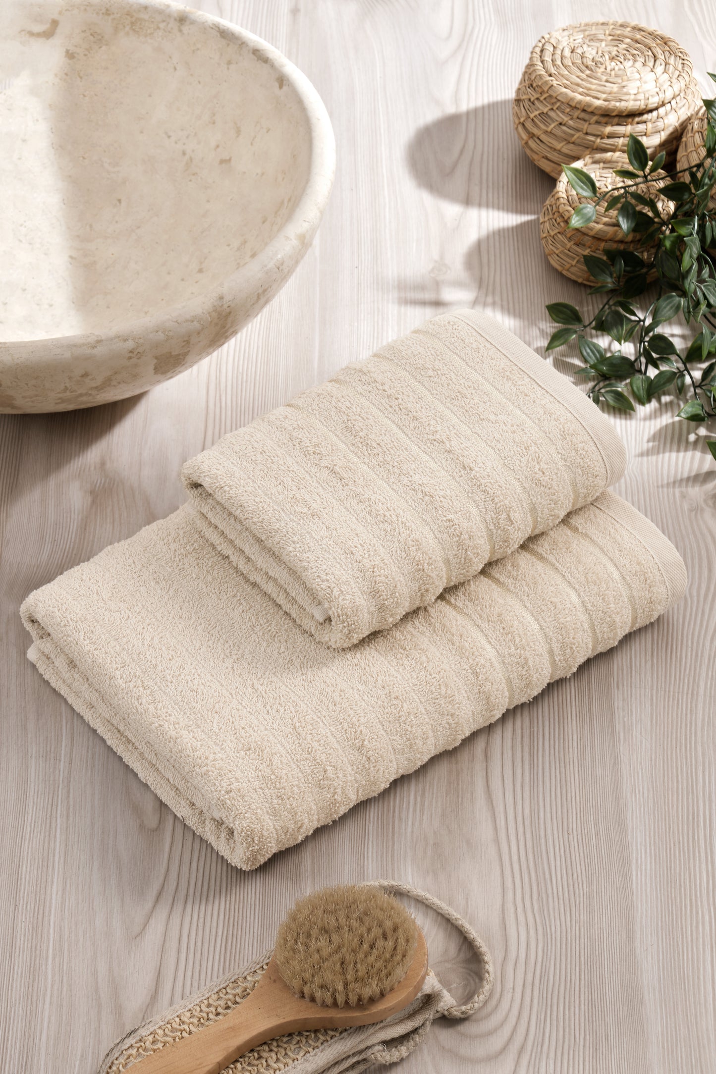 2 Li Havlu Banyo Takımı | Dalga Model Bej