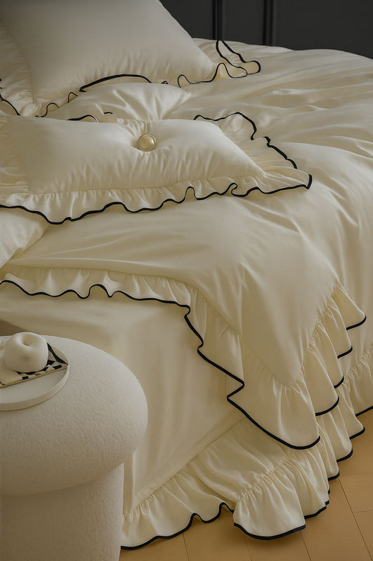 Çift Kişilik Lüx  Fırfırlı Nevresim Seti |  Nevresim Ve Yastık Kılıfı | Full Bej