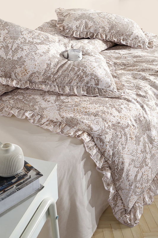 Çift Kişilik Lüx  Fırfırlı Nevresim Seti |  Nevresim Ve Yastık Kılıfı | Fırfırlı  Bej Desen