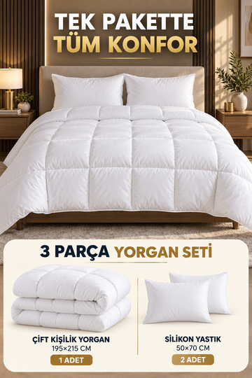 3 Parça Yorgan Seti - 1 Çift Kişilik Yorgan ve 2 Silikon Yastık