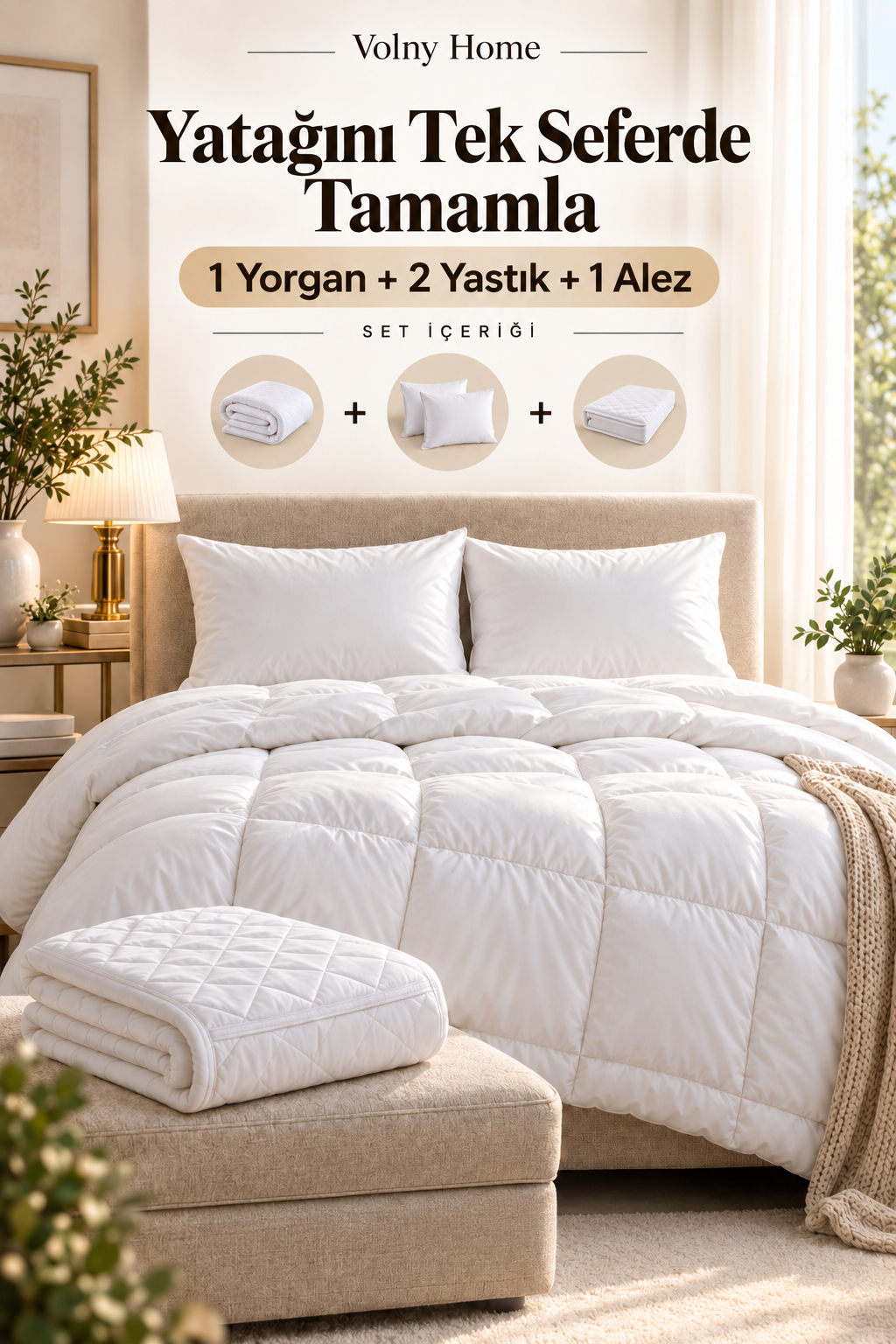 Volny Home 4 Parça Temel Yatak Seti - 1 yorgan, 2 yastık, 1 alez