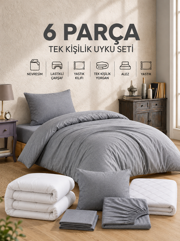 6 Parça Tek Kişilik Uyku Seti |Full Antrasit