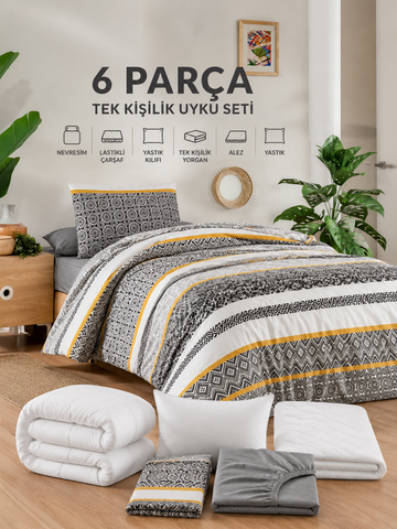 6 Parça Tek Kişilik Uyku Seti |Sarı Çizgi