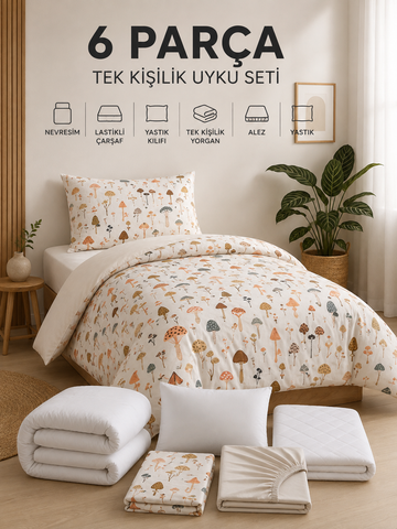6 Parça Tek Kişilik Uyku Seti |Mantar