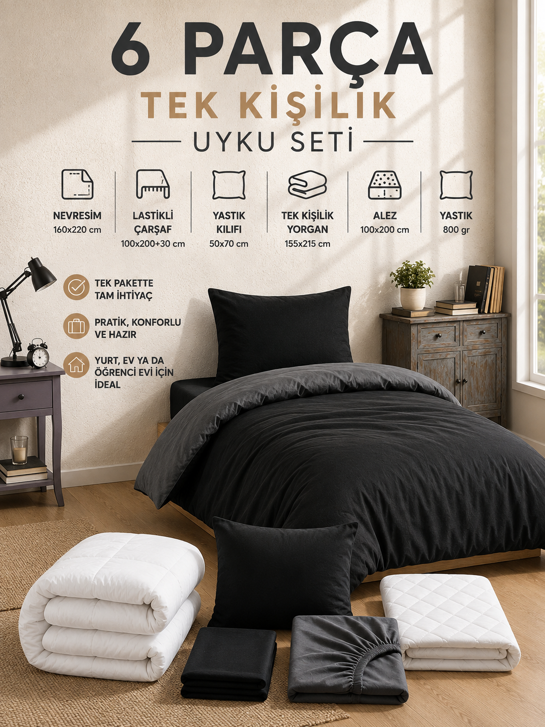 6 Parça Tek Kişilik Uyku Seti |Antrasit Siyah Tk