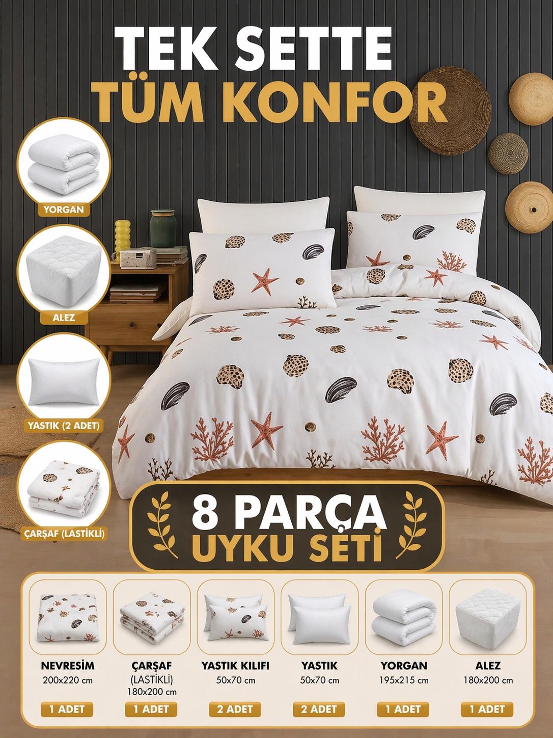 8 Parça Full Paket Uyku Seti – Hazır Yatak Deneyimi Kumsal