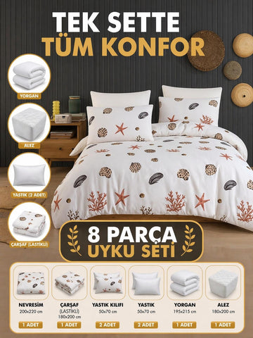 8 Parça Full Paket Uyku Seti – Hazır Yatak Deneyimi Kumsal