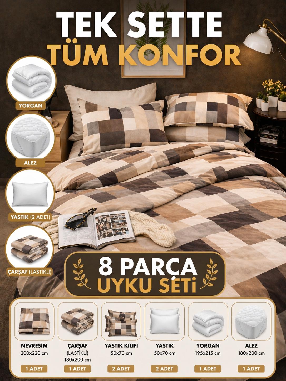 8 Parça Full Paket Uyku Seti – Hazır Yatak Deneyimi Umber
