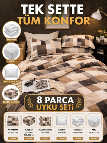 8 Parça Full Paket Uyku Seti – Hazır Yatak Deneyimi Umber