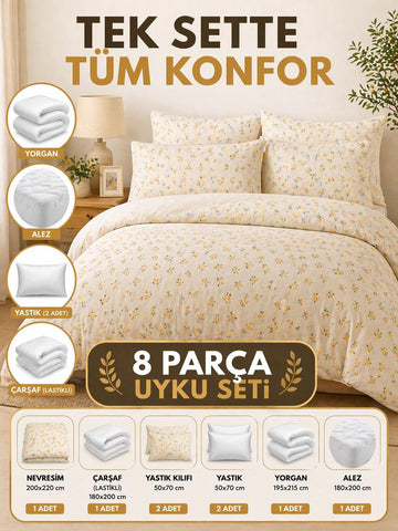 8 Parça Full Paket Uyku Seti – Hazır Yatak Deneyimi Papatya