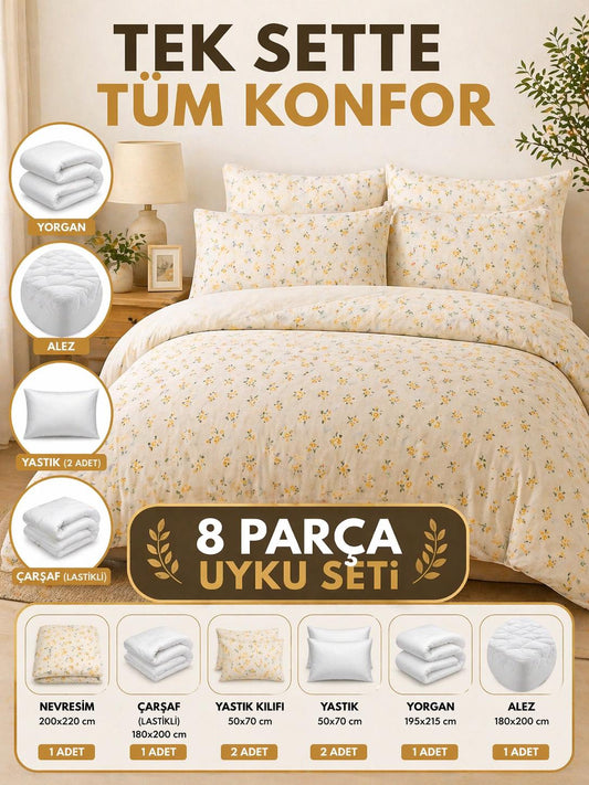 8 Parça Full Paket Uyku Seti – Hazır Yatak Deneyimi Papatya