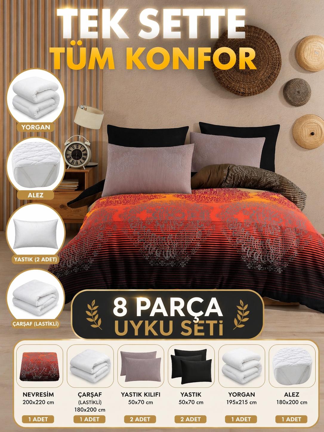 8 Parça Full Paket Uyku Seti – Hazır Yatak Deneyimi Kıvılcım