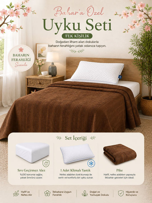 Tek Kişilik Pike Uyku Seti 3 Parça | Kahve