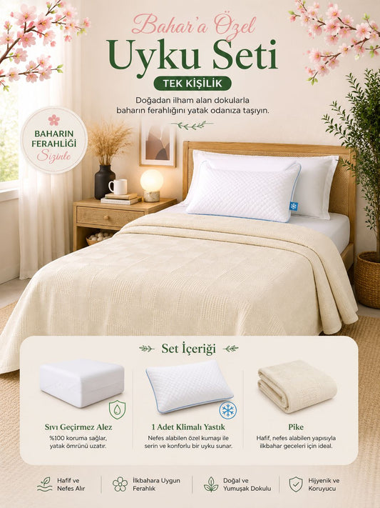 Tek Kişilik Pike Uyku Seti 3 Parça |Bej
