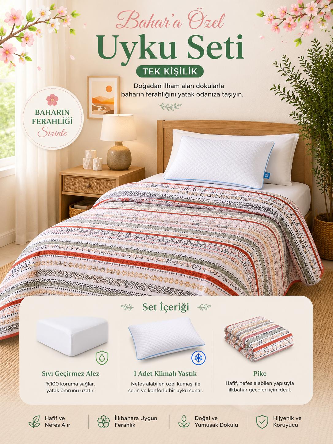Tek Kişilik Pike Uyku Seti 3 Parça |Etnik