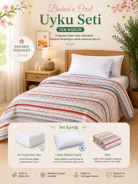 Tek Kişilik Pike Uyku Seti 3 Parça |Etnik