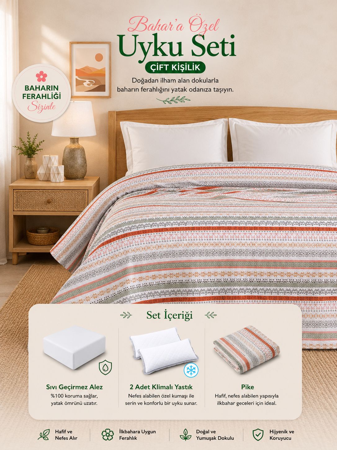 Çift Kişilik Pike Uyku Seti 3 Parça |Etnik