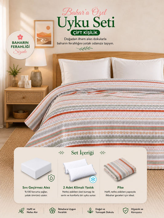 Çift Kişilik Pike Uyku Seti 3 Parça |Etnik