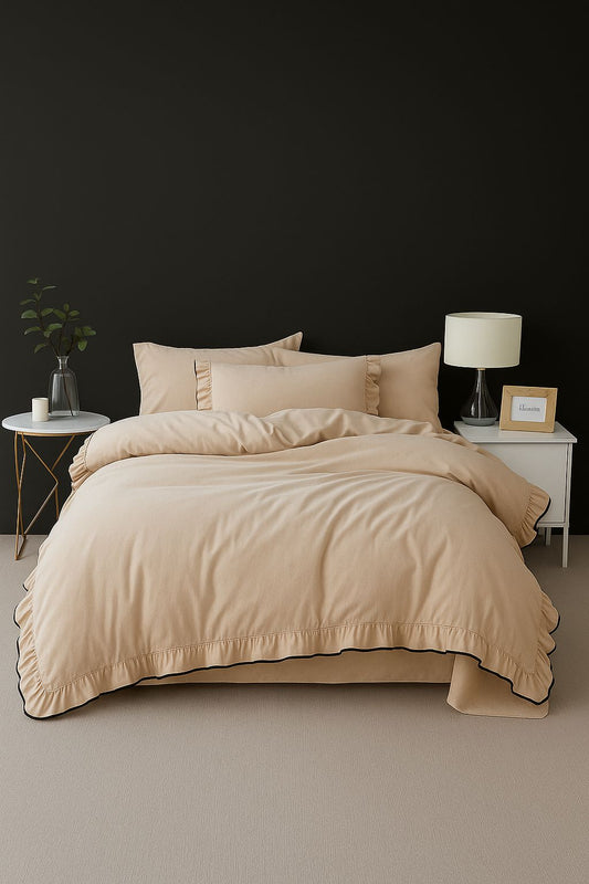 Çift Kişilik Lüx  Fırfırlı Nevresim Seti |  Nevresim Ve Yastık Kılıfı | Full Bej