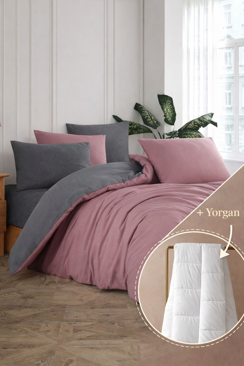 Çift Kişilik Nevresim Takımı Ve Yorgan Seti | Mürdüm Gri Yorgan Seti