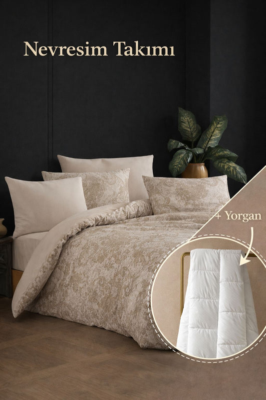 Çift Kişilik Nevresim Takımı Ve Yorgan Seti | Bej Desen Yorgan Seti