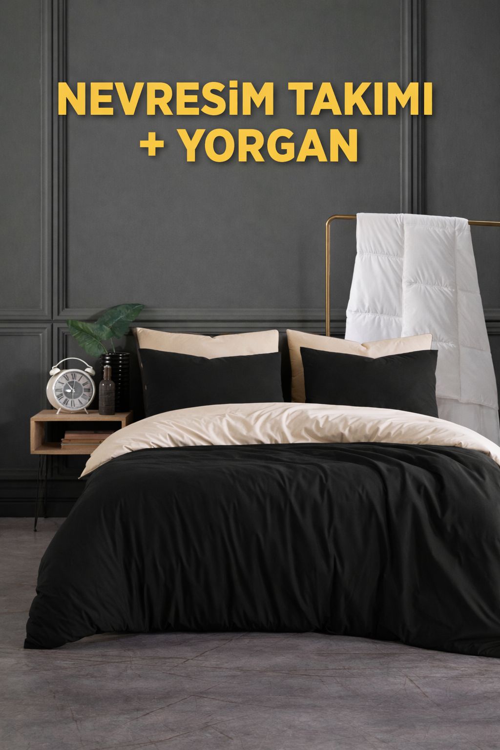 Çift Kişilik Nevresim Takımı Ve Yorgan Seti | Siyah Bej Yorgan Seti