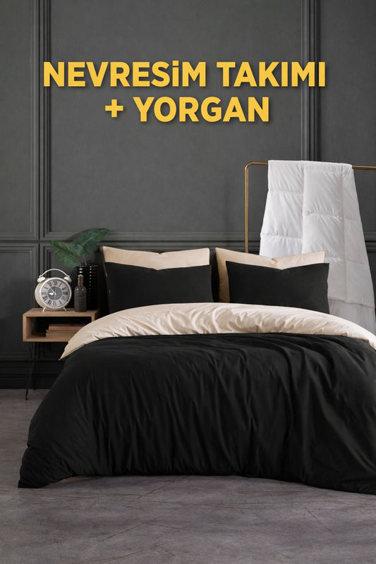 Çift Kişilik Nevresim Takımı Ve Yorgan Seti | Siyah Bej Yorgan Seti