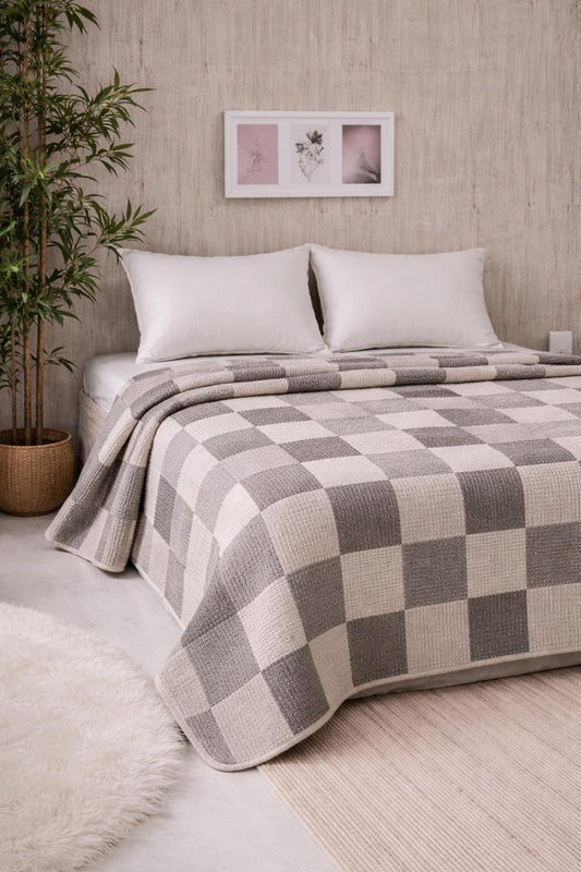 Çift Kişilik %100 Pamuk Pike | Gri Kare