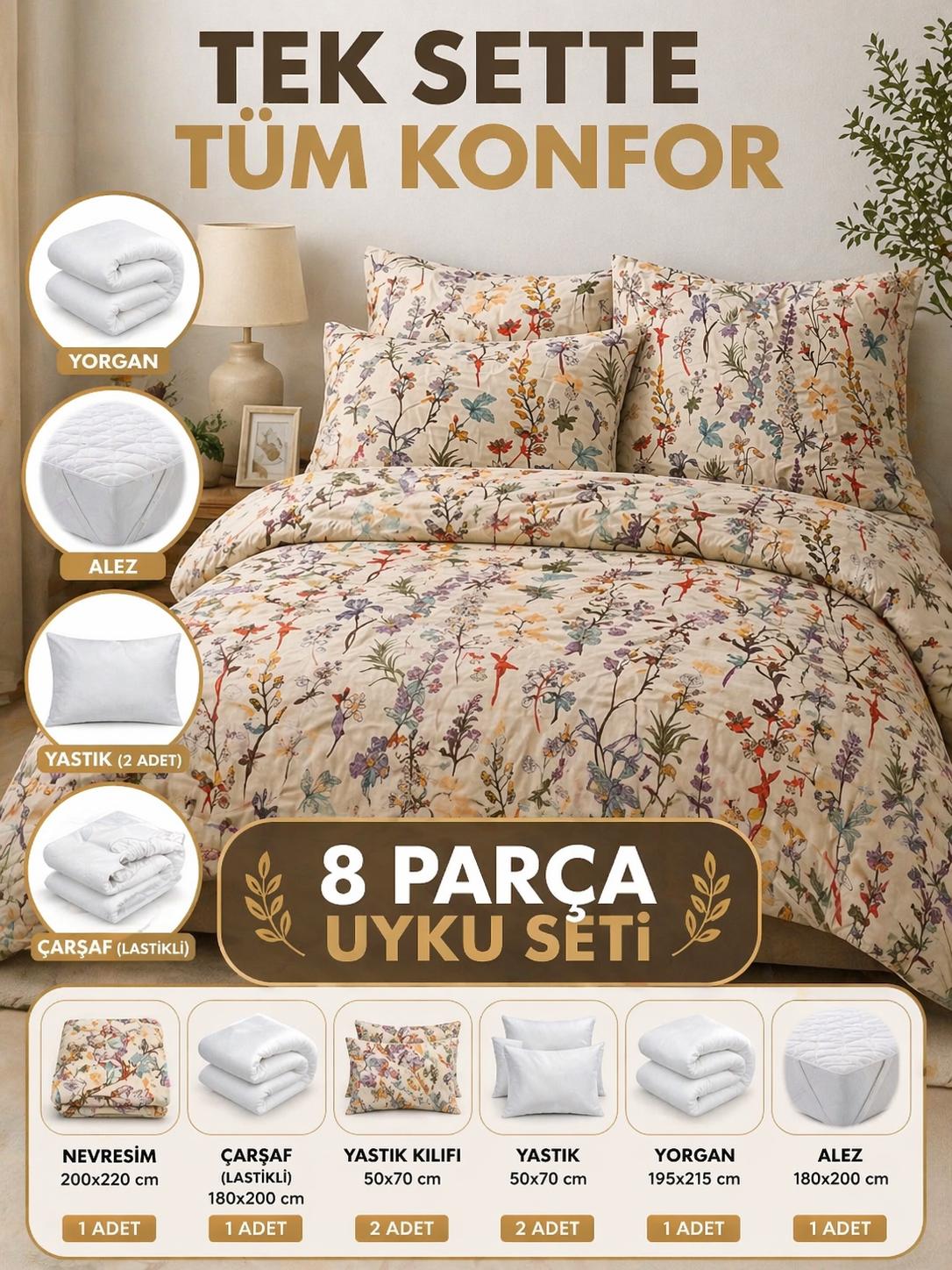 8 Parça Full Paket Uyku Seti – Hazır Yatak Deneyimi Botanik