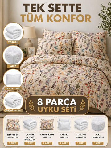 8 Parça Full Paket Uyku Seti – Hazır Yatak Deneyimi Botanik