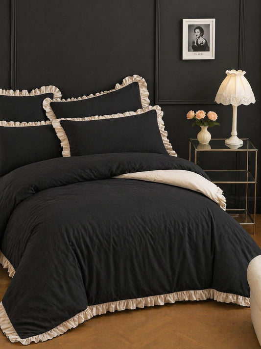 Çift Kişilik Lüx  Fırfırlı Nevresim Seti |  Nevresim Ve Yastık Kılıfı | Fırfırlı  Siyah Bej