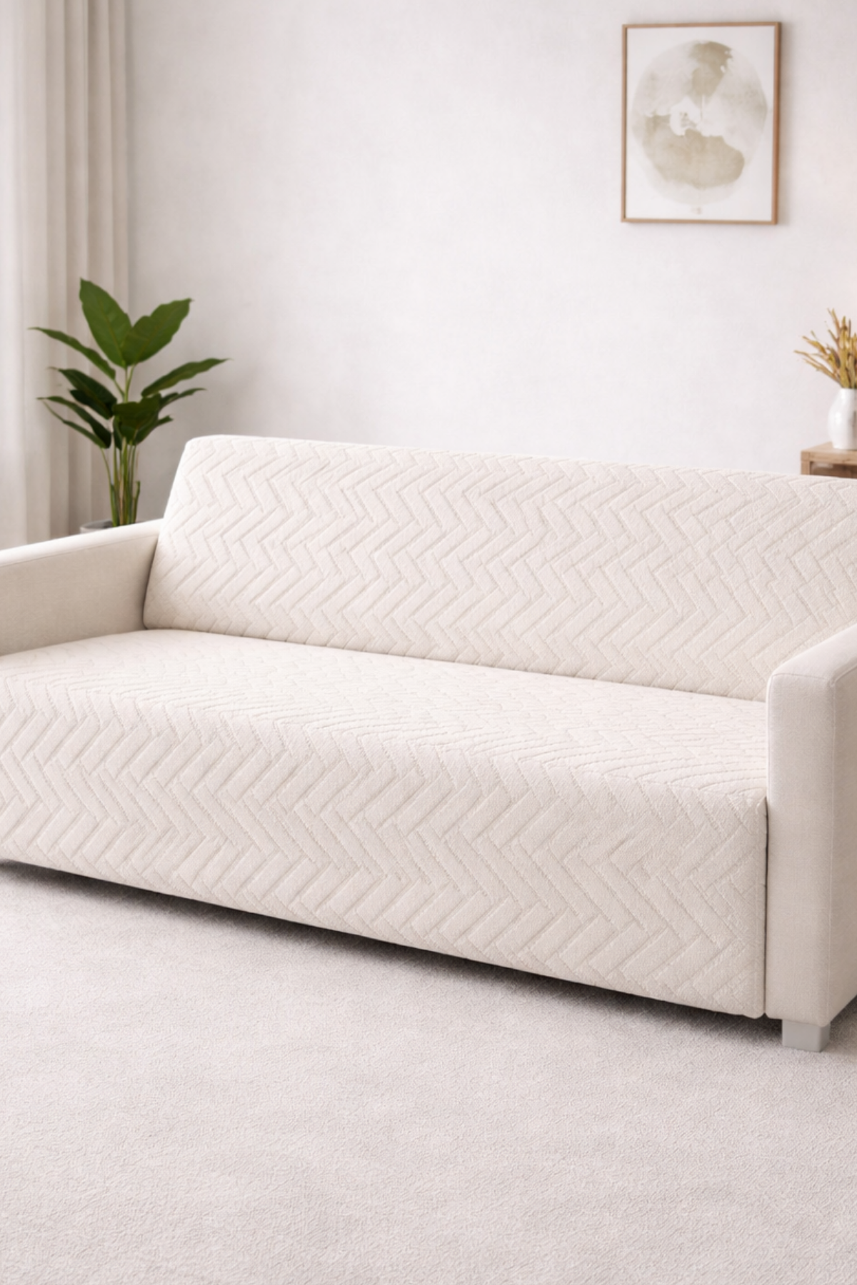 Kaymaz Tabanlı Koltuk Örtüsü | Desenli Krem