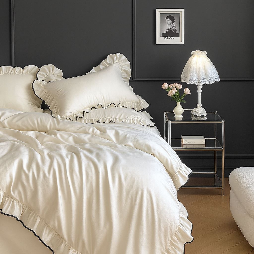 Çift Kişilik Lüx  Fırfırlı Nevresim Seti |  Nevresim Ve Yastık Kılıfı | Full Bej