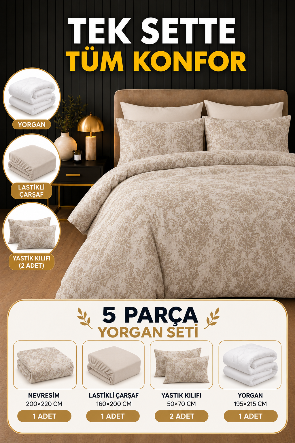 Bej Desen 5 Parça Yorgan Seti