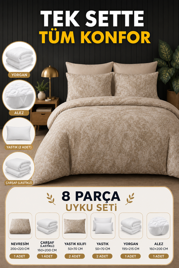 Bej Desen 8 Parça Uyku Seti