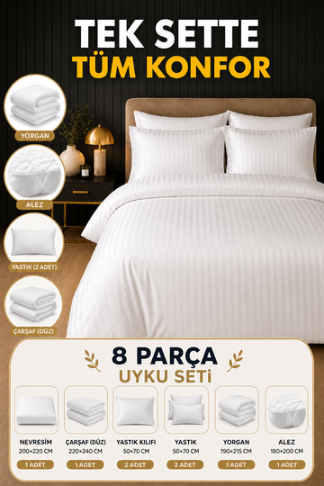 Beyaz Saten 8 Parça Uyku Seti