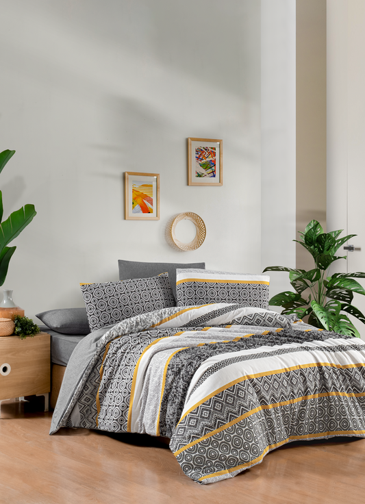 Sarı Detay Desen | Çift Kişilik Lastikli Çarşaflı Pamuklu Nevresim Takımı | Sarı Detay Desen