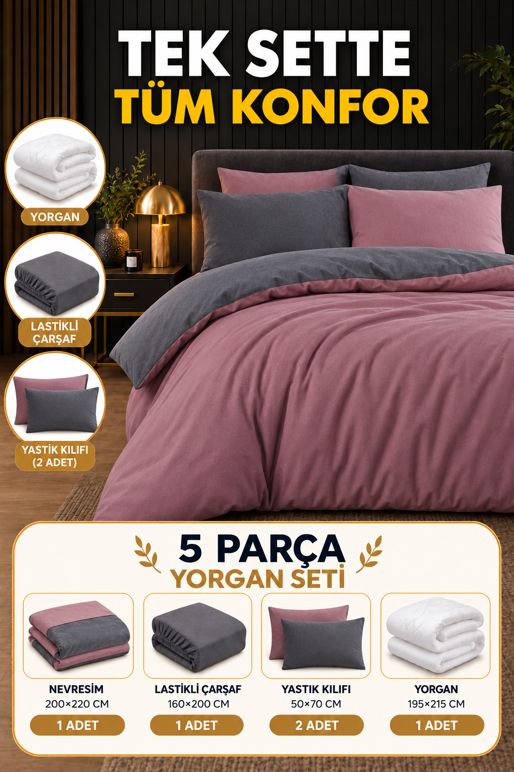 Çift Kişilik Mürdüm Gri 5 Parça Yorgan Seti