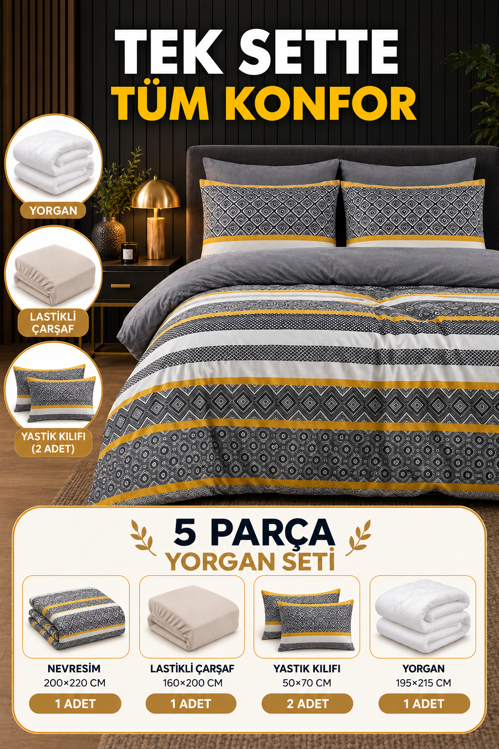 Çift Kişilik Sarı Detay 5 Parça Yorgan Seti